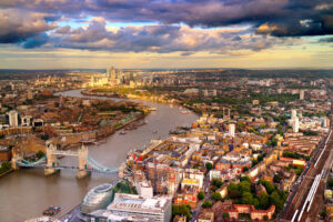 London Tower bridge and Canary Wharf Skyline